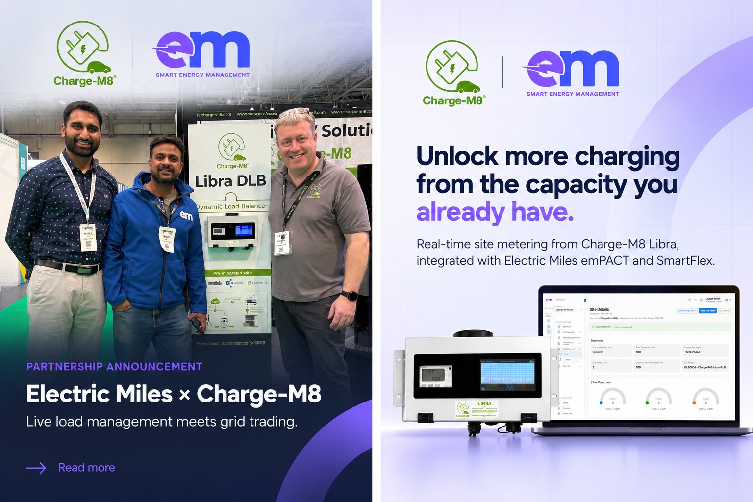 Electric Miles and Charge-M8 teams at the Libra Dynamic Load Balancer stand, beside the Libra unit and the emPACT site dashboard