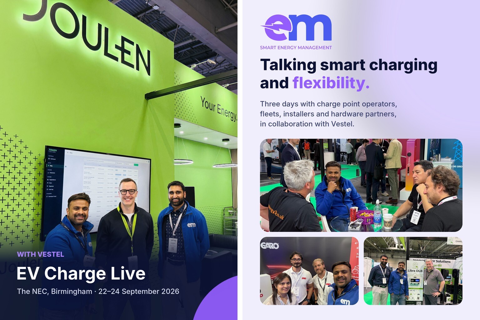 The Electric Miles team at EV Charge Live, The NEC, Birmingham: on the Joulen stand, in conversation with visitors, and with partners at the GARO and Charge-M8 stands