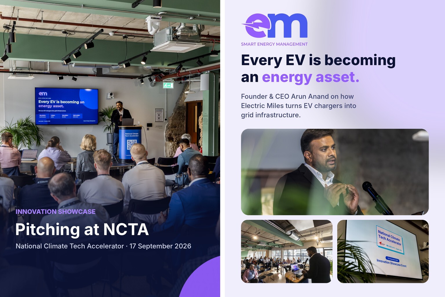 Arun Anand pitching Electric Miles to a full room at the National Climate Tech Accelerator Innovation Showcase, under the slide 'Every EV is becoming an energy asset'