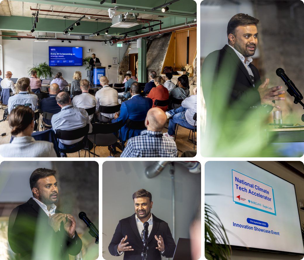 Photo collage from the National Climate Tech Accelerator Innovation Showcase: Arun Anand pitching Electric Miles to a full room under the slide 'Every EV is becoming an energy asset', three photos of Arun speaking, and the event screen reading 'National Climate Tech Accelerator, 17th September 2026, Innovation Showcase Event'
