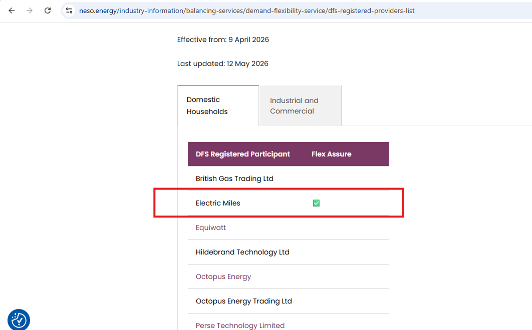 Electric Miles listed on NESO's Demand Flexibility Service registered providers list
