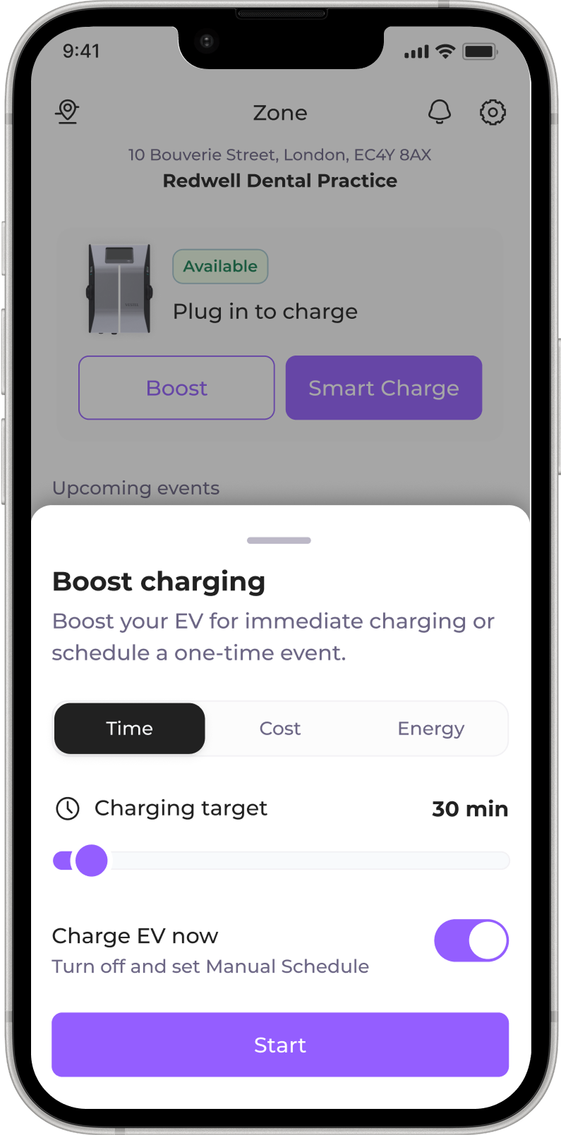 Electric Miles Boost charging screen with time, cost and energy controls